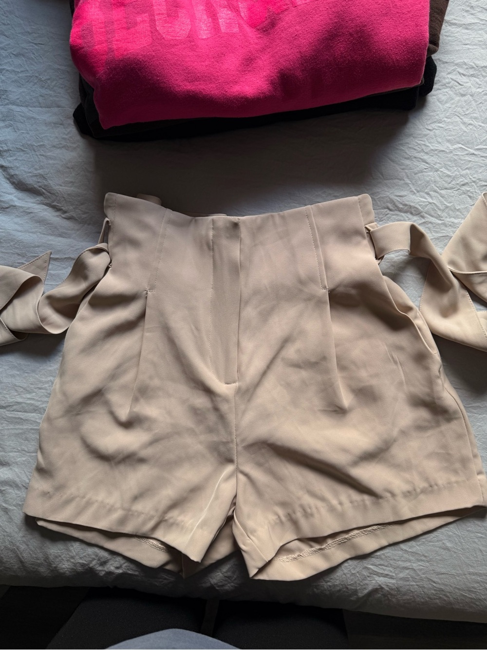 Dynamite High-Waist Tie Belt Shorts in Light Beige